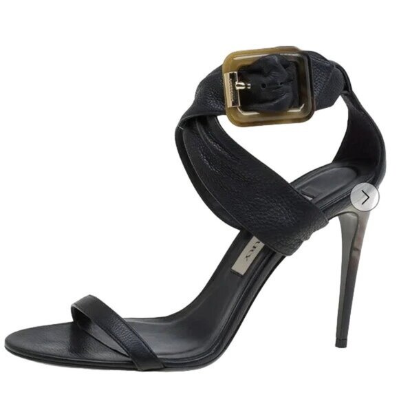 Burberry Trench Marham Buckle Black Supple Leather Tortoise Sandal Heels 7.5 - Picture 1 of 9